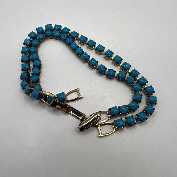 Vintage Beaded Bracelets Set of Two Cabochon Teal Stones Prong Set Gold Tone - Picture 4 of 6